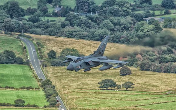 RAF Tornado GR.4 over flies the A4971 road entering the Cad.